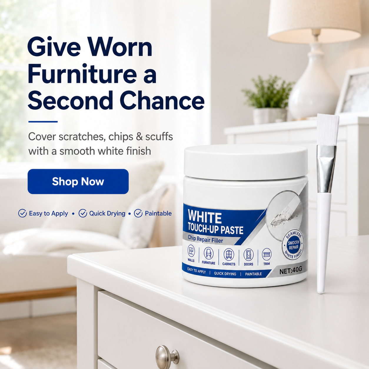 White Furniture Touch-Up Paste with Brush