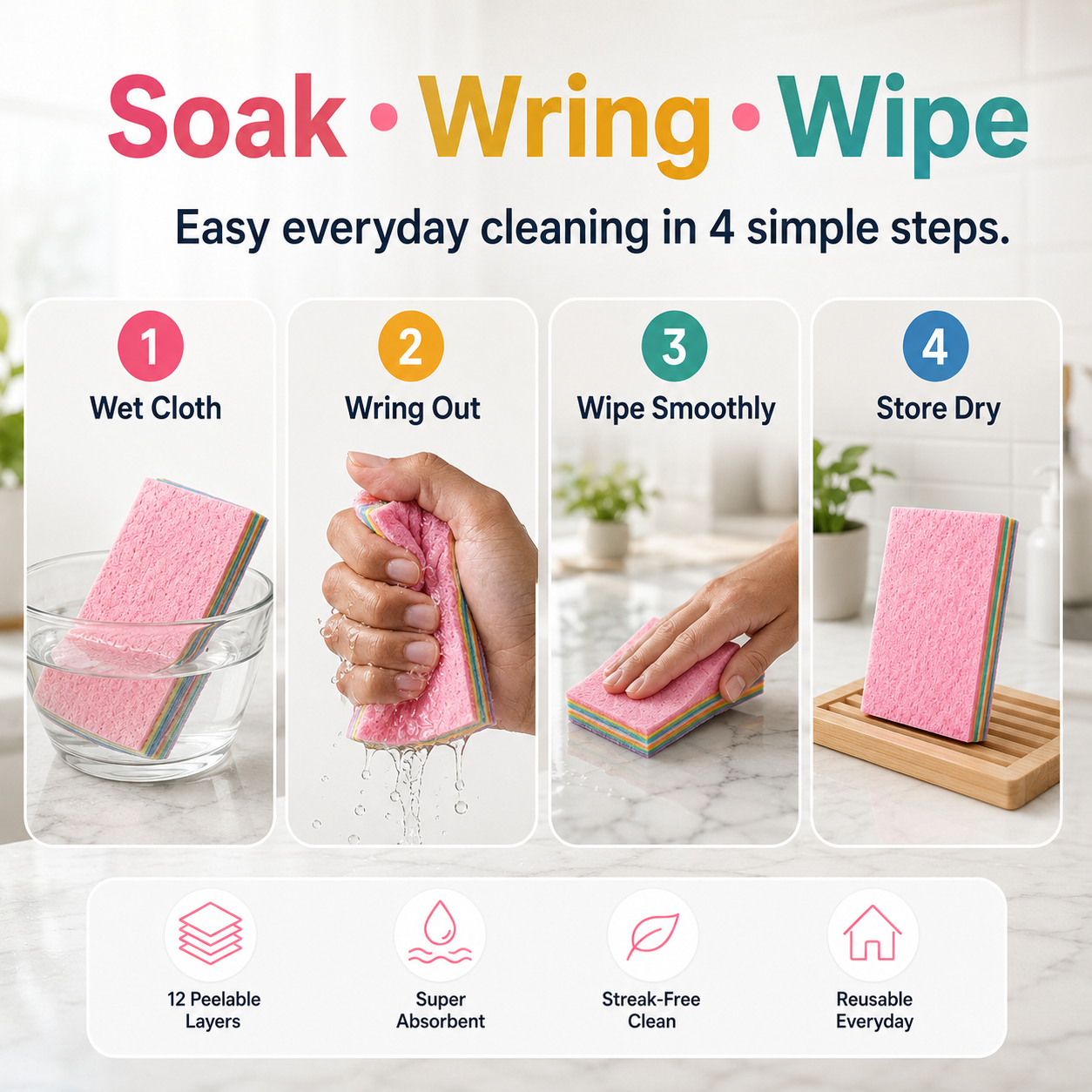 12-Layer Peelable Rainbow Cleaning Cloths - PVA & Microfiber, Non-Abrasive, Super Absorbent, Reusable, Streak-Free Sponge Wipes