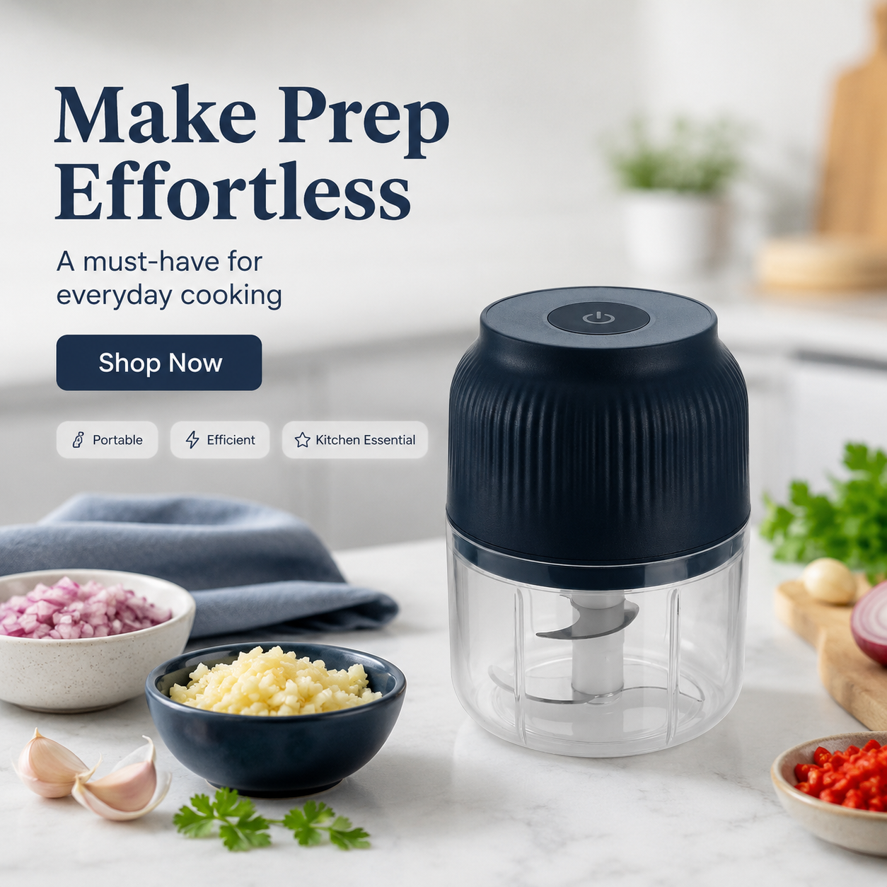 Electric Garlic Chopper, 4 Sharp Blades，Portable Veggie Chopper, 300ML