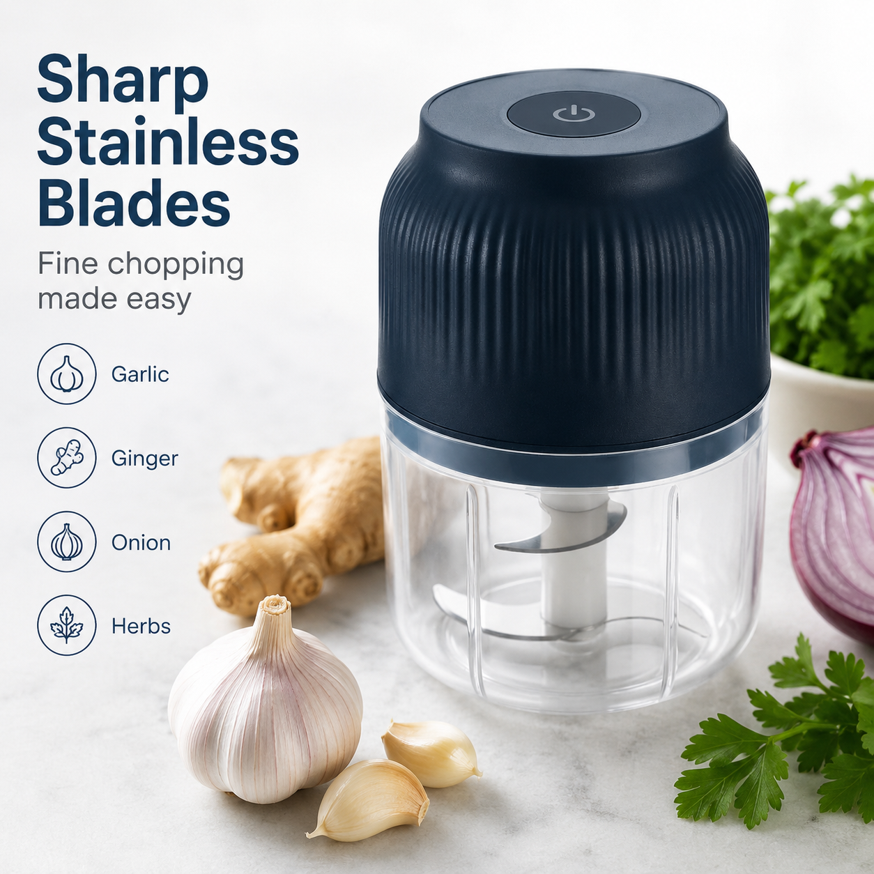 Electric Garlic Chopper, 4 Sharp Blades，Portable Veggie Chopper, 300ML