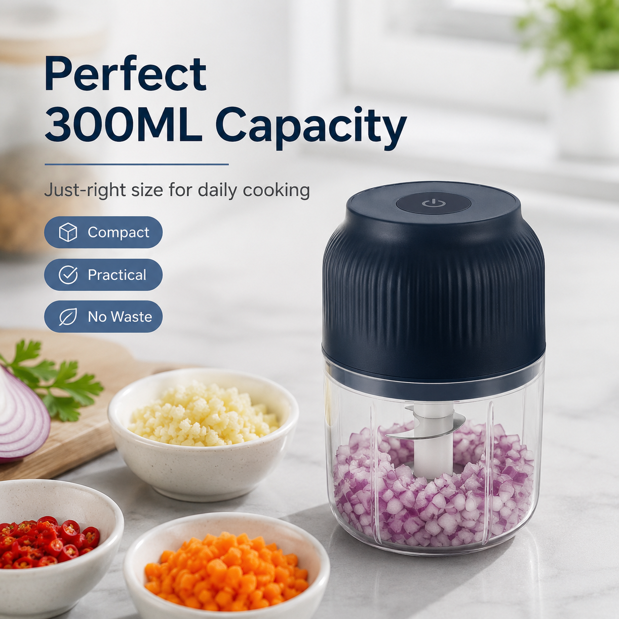Electric Garlic Chopper, 4 Sharp Blades，Portable Veggie Chopper, 300ML
