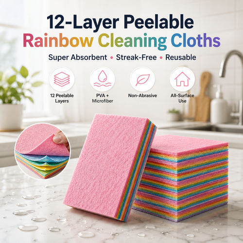12-Layer Peelable Rainbow Cleaning Cloths - PVA & Microfiber, Non-Abrasive, Super Absorbent, Reusable, Streak-Free Sponge Wipes