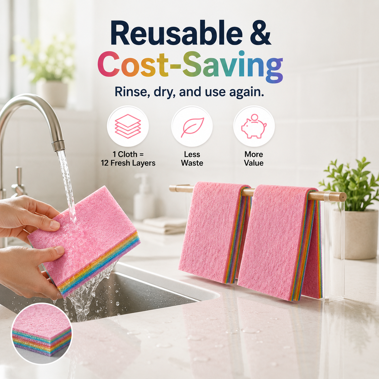 12-Layer Peelable Rainbow Cleaning Cloths - PVA & Microfiber, Non-Abrasive, Super Absorbent, Reusable, Streak-Free Sponge Wipes
