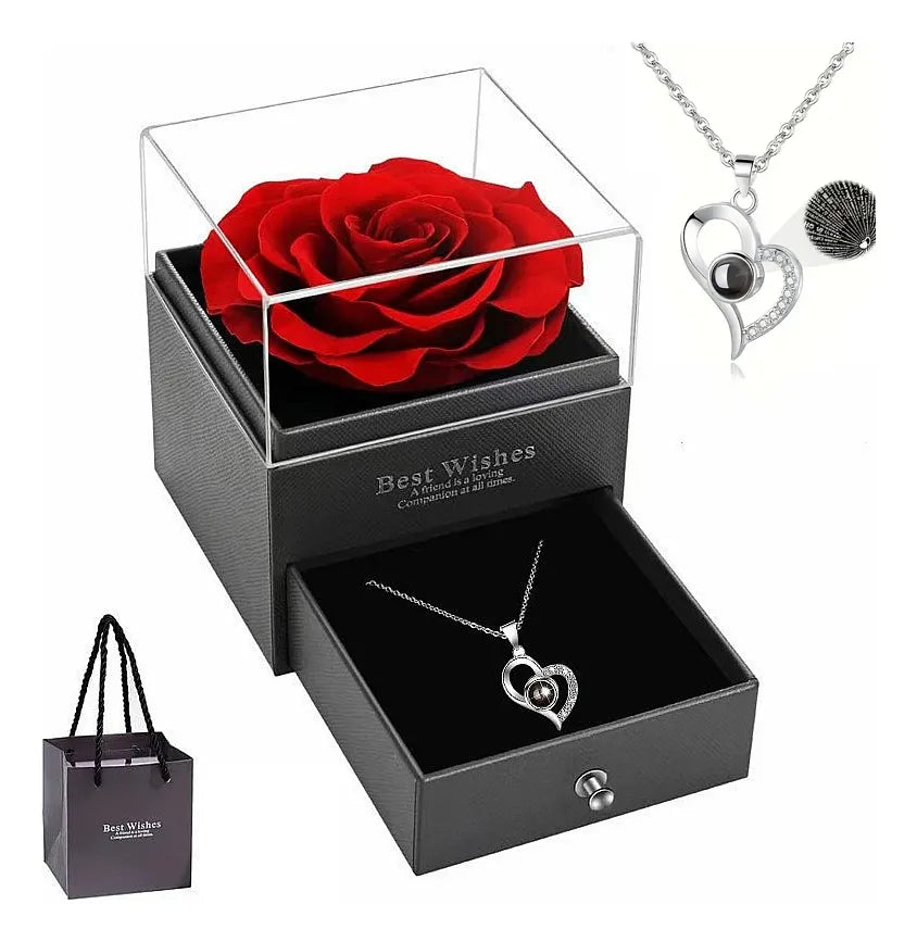 Necklace with Eternal Rose and "I Love You" Pendant in 100 Languages – Love in All Languages