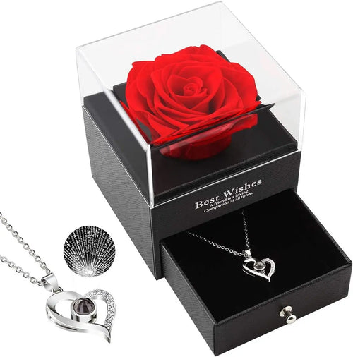 Necklace with Eternal Rose and "I Love You" Pendant in 100 Languages – Love in All Languages