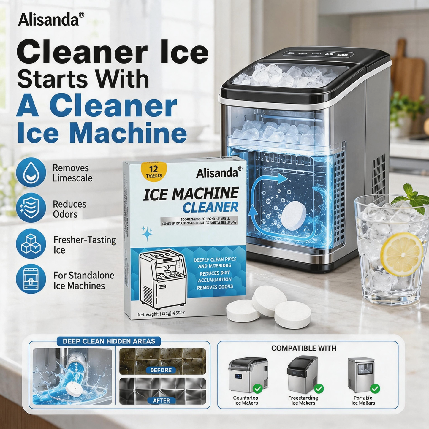 Ice Machine Cleaner Tablets 12 pieces per pack, removes limescale and odors