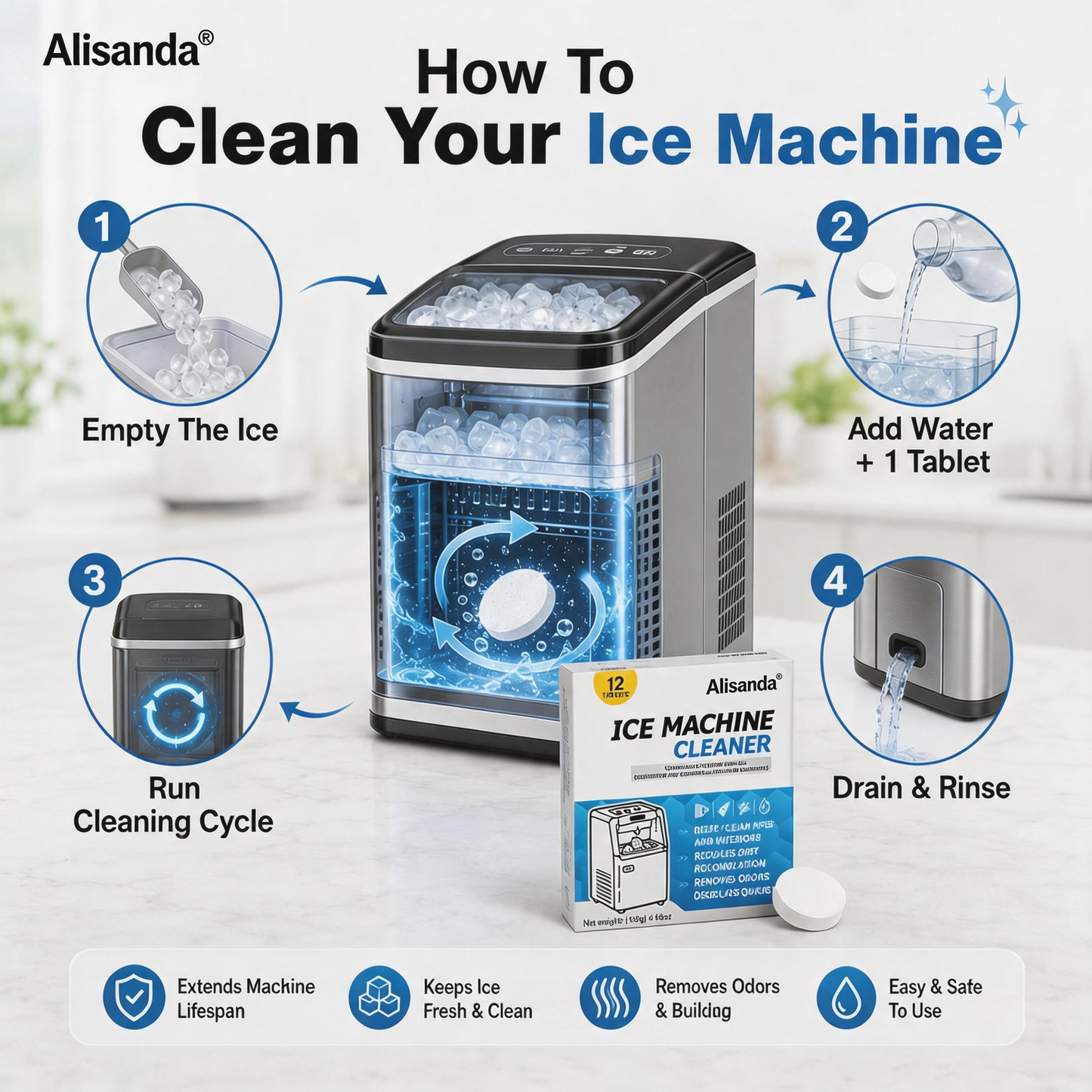 Ice Machine Cleaner Tablets 12 pieces per pack, removes limescale and odors
